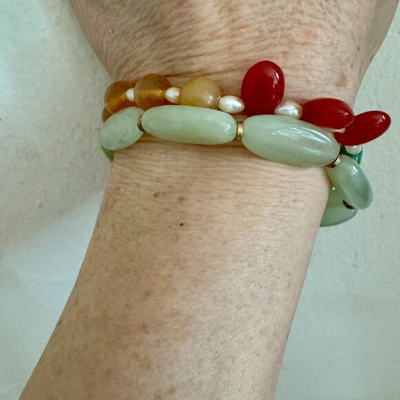 Gorgeous Handmade Aventurine, Pearls, Citrine Double Bracelet One of a Kind - Picture 2 of 9